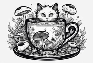 A mysterious cat taking a hot mushrooms cup of tea tattoo idea