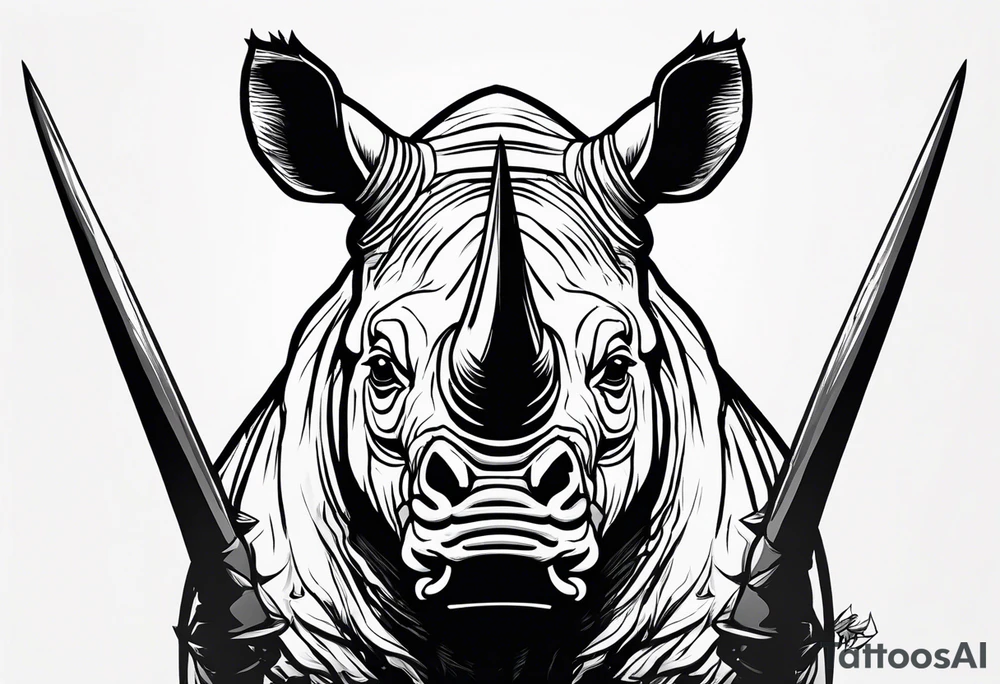 A front-facing rhino head with a sharp elongated tusk that is angry and fierce. Ears pointed straight up and forward a bit. Eyes that pierce your soul. A snarling jowel tattoo idea