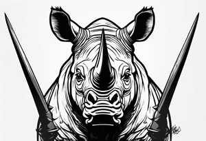 A front-facing rhino head with a sharp elongated tusk that is angry and fierce. Ears pointed straight up and forward a bit. Eyes that pierce your soul. A snarling jowel tattoo idea