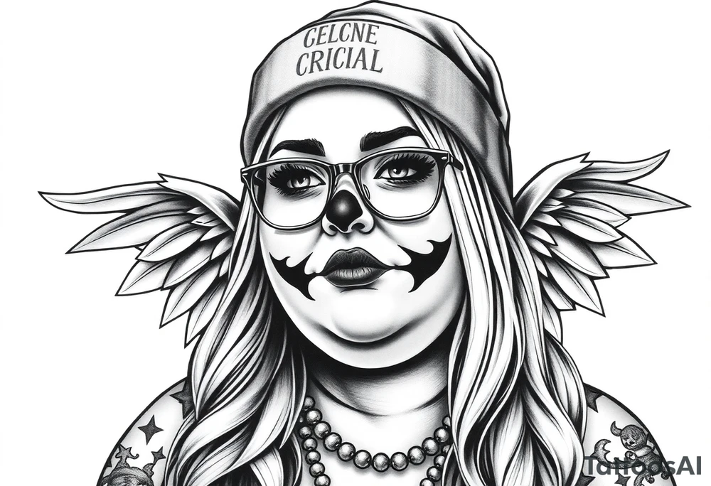 Chicana BBL fat sexy chunky plus size beautiful long hair clown makeup angel wings thug beanie eyeglasses tattoo idea