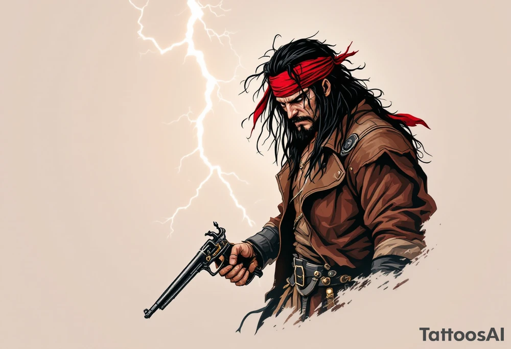 Stormborn Marauder – A fierce pirate with long, tangled black hair, wearing a deep red bandana and a brown leather coat. He holds a flintlock pistol, his scarred face half-hidden by shadows, standing before a lightning-lit sea. tattoo idea