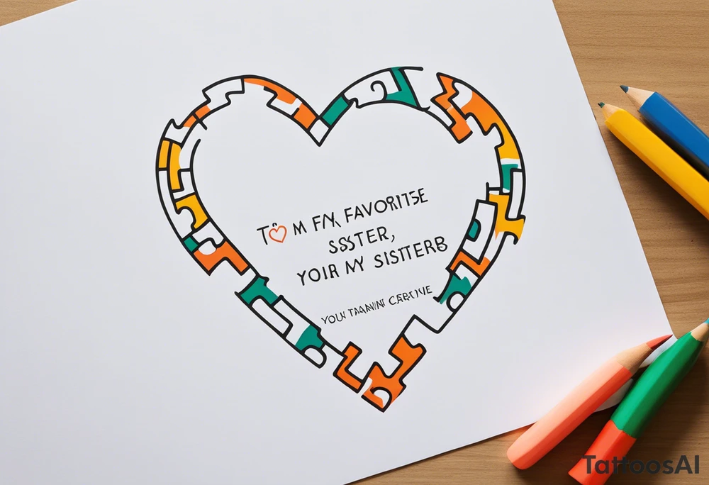 Interlocking Puzzle Pieces
   Concept: Two outlined puzzle pieces that are interlocking or fit together perfectly, symbolizing how you and your sister were connected. One of the puzzle pieces could have the small, filled-in heart inside it.
   Text: “To my favorite sister” could be placed underneath or along the curve of your ankle, maintaining your sister’s handwriting. You could position the text so it wraps slightly around the interlocking pieces. tattoo idea