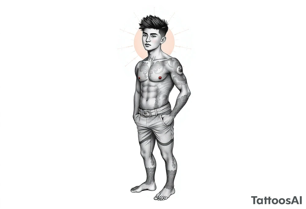 Handsome Asian young guy is standing on his knees tattoo idea