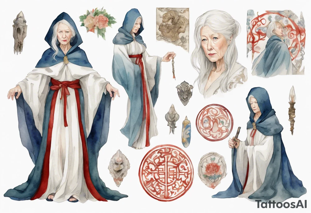 medieval Helen Mirren dressed in white cloak, sad tattoo idea