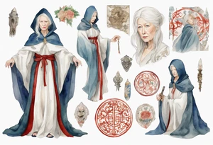 medieval Helen Mirren dressed in white cloak, sad tattoo idea