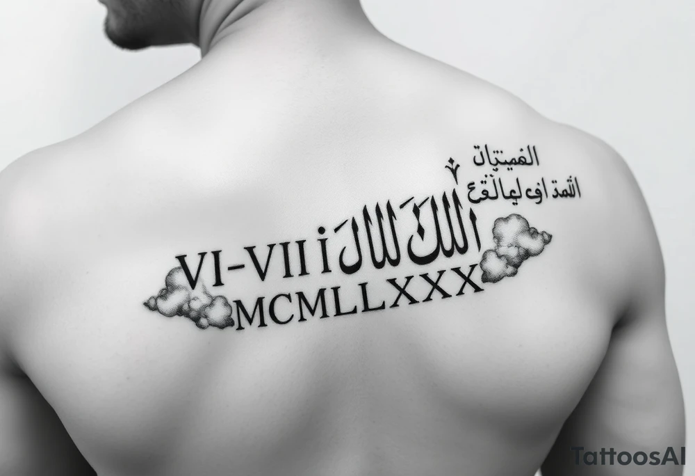 ruman numerals VI•VI•MCMLXXX above the right nipple overlapping from chest to shoulder, shaded up with clouds and somewhere on the same shoulder arabic writing لا تخف من شيء . tatoo should be on chest and not back and it should overlap into shoulder tattoo idea