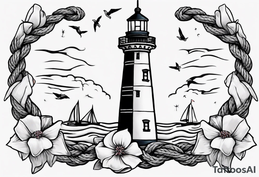 American traditional tattoo of a light house bordered by magnolia flowers and rope. Behind the light house is a periwinkle blue cancer ribbon tattoo idea