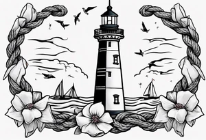 American traditional tattoo of a light house bordered by magnolia flowers and rope. Behind the light house is a periwinkle blue cancer ribbon tattoo idea
