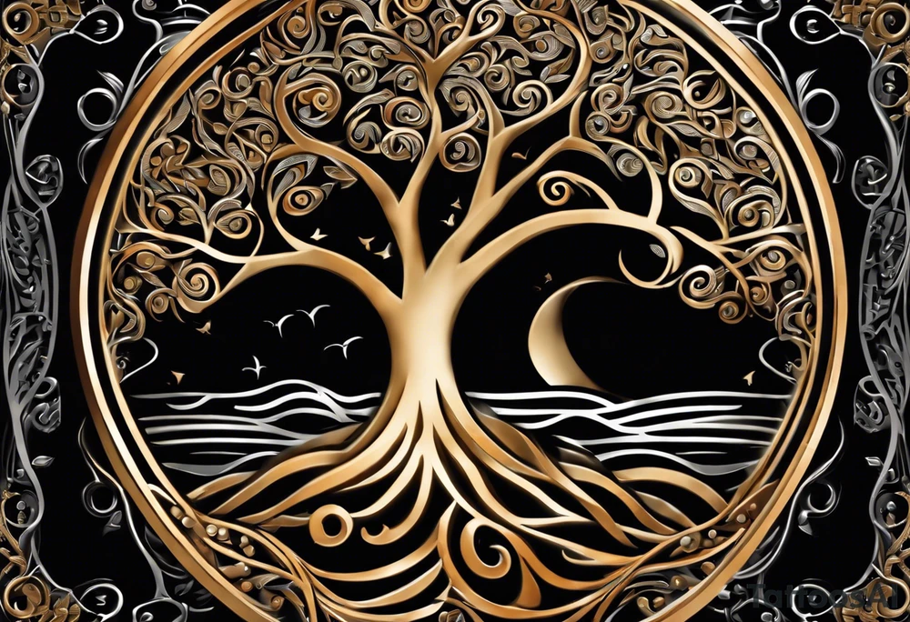 A tattoo design that incorporates the following elements: an abstract tree of life that has roots emerging  from the ground. Waves of water wrap around the tree in a non symmetrical design.  Incorporate musical notes into the tree. the letters U and A are overlapping and engraved into the tree. The game of golf incorporated but not prominent. tattoo idea