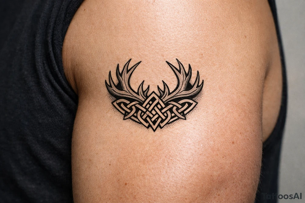 Caribou antler in Norse knot work open line concept stipple shading tattoo idea