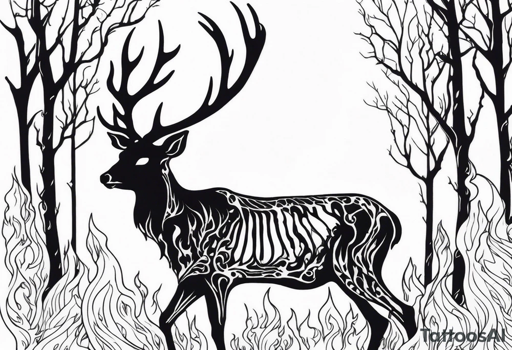 side profile of a DECAYING deer skeleton JUST BONE supernatural cannibal surrounded by a flames and trees tattoo idea