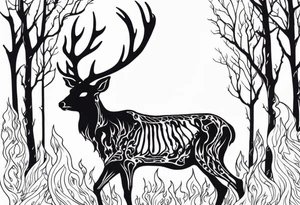 side profile of a DECAYING deer skeleton JUST BONE supernatural cannibal surrounded by a flames and trees tattoo idea