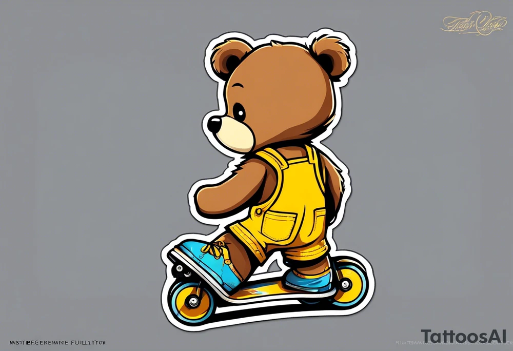 the back of one standing, skinny, brown ,
teddy bear in long, yellow overalls and white roller skates on his feet tattoo idea