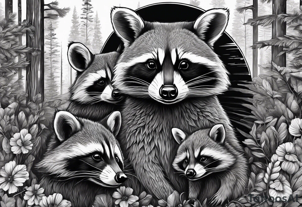 Very detailed Raccoon Husband with wife and child.
Background House and woods tattoo idea