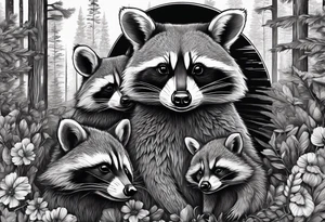 Very detailed Raccoon Husband with wife and child.
Background House and woods tattoo idea