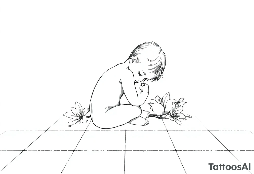 A simple tile floor with a minimalist outline of a curled up child sitting on the floor with a lily next to her tattoo idea
