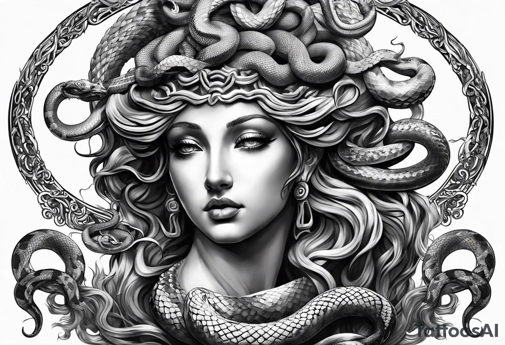arm tattoo of Medusa as a statue with snakes for hair tattoo idea
