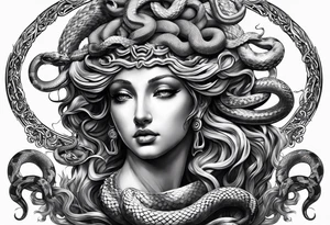 arm tattoo of Medusa as a statue with snakes for hair tattoo idea