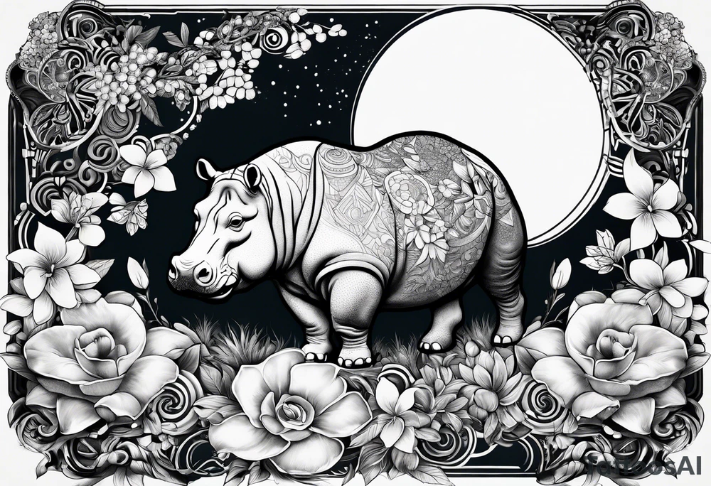 Hippo, flowers, moon, fine lines, tribal, geometric tattoo idea