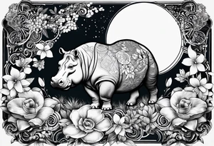 Hippo, flowers, moon, fine lines, tribal, geometric tattoo idea