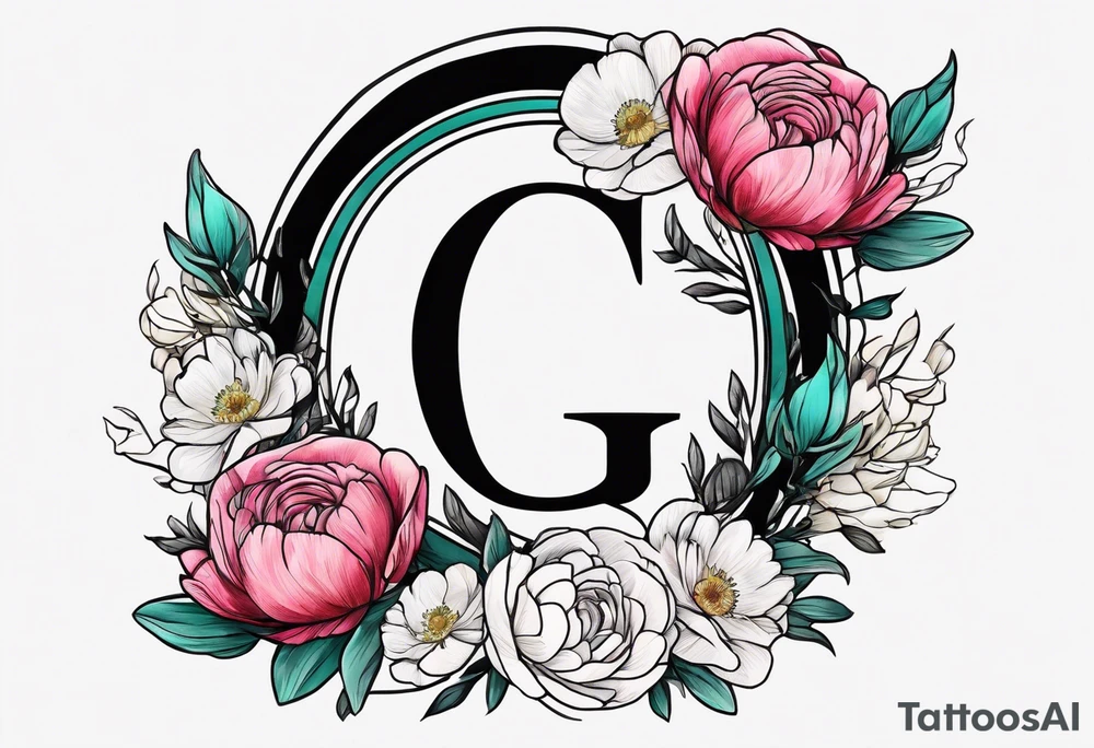 Initials G and J surrounded by peonies and ranunculus flowers tattoo idea