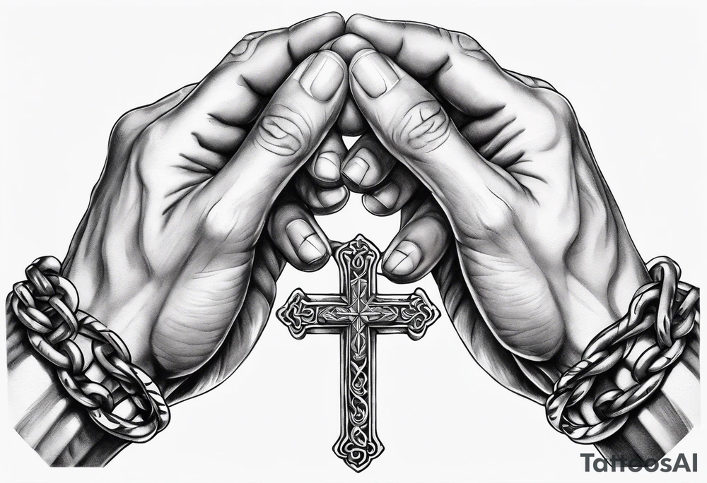 praying hands with chain cross tattoo idea
