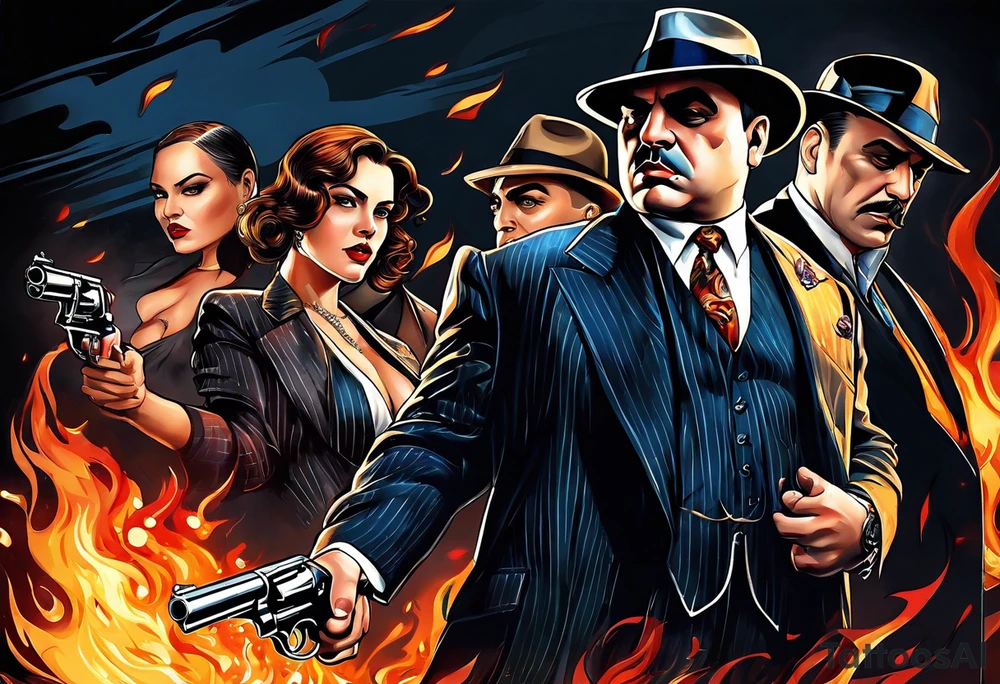 capone style gangsters having a shootout against a dark background scene with flames blues with sexy women tattoo idea