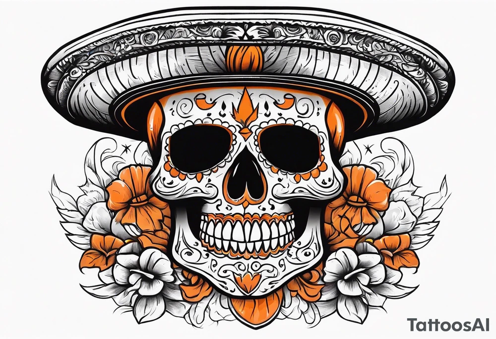 Mexican skull with sombrero with smoke coming out of the bottom orange and black tattoo idea