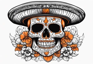 Mexican skull with sombrero with smoke coming out of the bottom orange and black tattoo idea