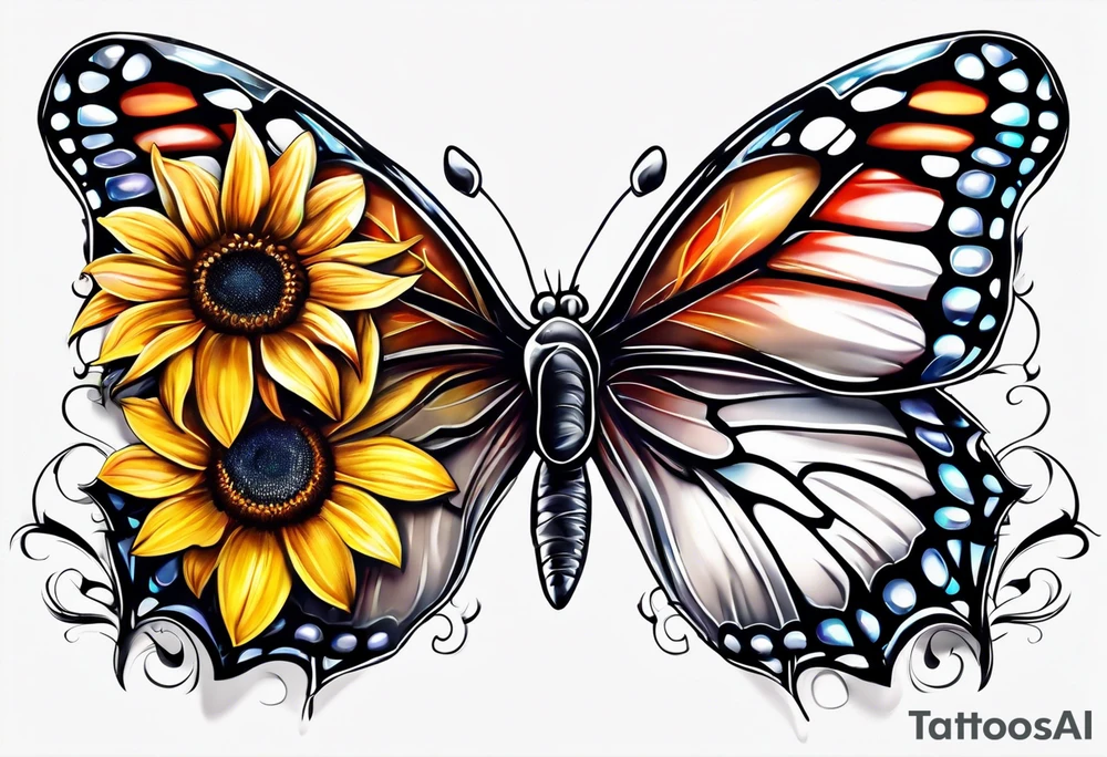 Half butterfly half sunflower tattoo idea