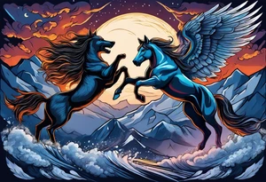 Female werewolf and Pegasus fighting in the night tattoo idea
