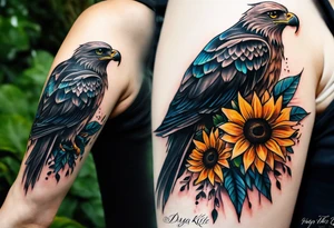 Small inside arm tattoo. Black kite (Daya's name), nature (trees/sea), rock/metal vibe, small sunflower. tattoo idea