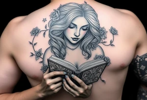 Pretty lady reading a book imagining a magical fairy world like a court of thorns and roses tattoo idea