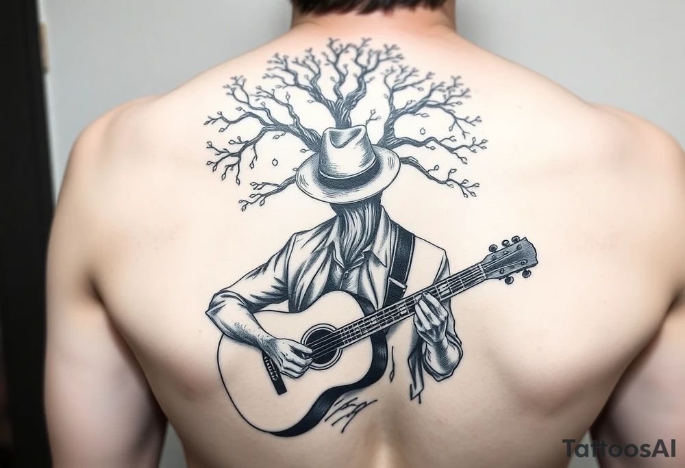 Man with hat but cant see face 
playing acoustic guitar underneath tree of life concept style tattoo idea