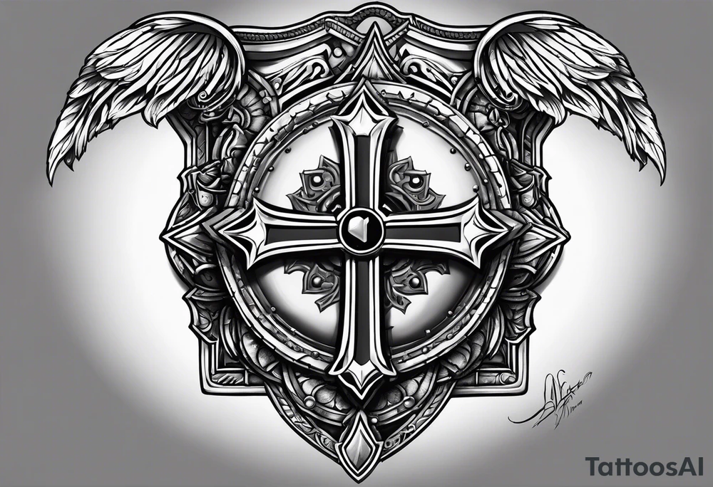 pauldron armor piece with a cross in the center and a pawprint tattoo idea