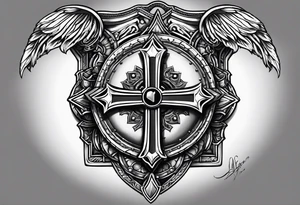 pauldron armor piece with a cross in the center and a pawprint tattoo idea