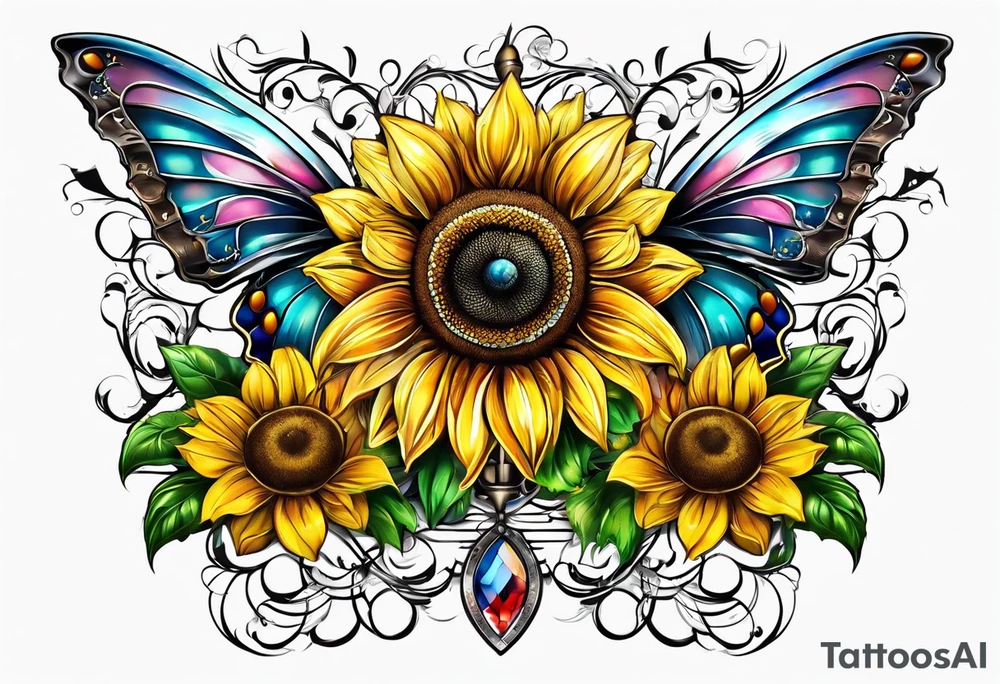 Winged cross with sunflower and butterflies tattoo idea