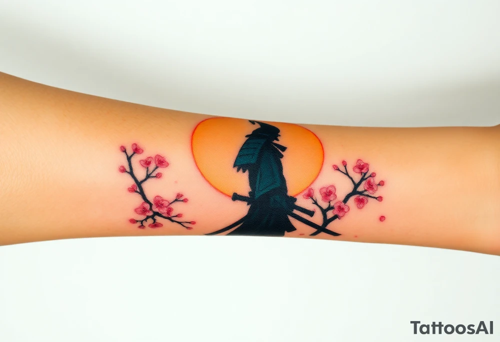 noble samurai warrior silhouette at sunset with cherry blossoms tattoo idea