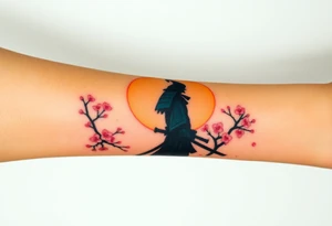 noble samurai warrior silhouette at sunset with cherry blossoms tattoo idea