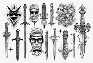 sword that has nerd stuff on it tattoo idea