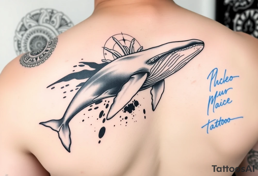 “A realistic-style humpback whale swimming forward across the upper bicep, with its tail transitioning into abstract brushstrokes and artistic smudges. Background includes sacred geometric shapes (circles, triangles, lines) integrated subtly, and a detailed Maori/Polynesian tribal tattoo only on the shoulder area. Add expressive blue calligraphic scribbles – more like ink gestures than text. tattoo idea