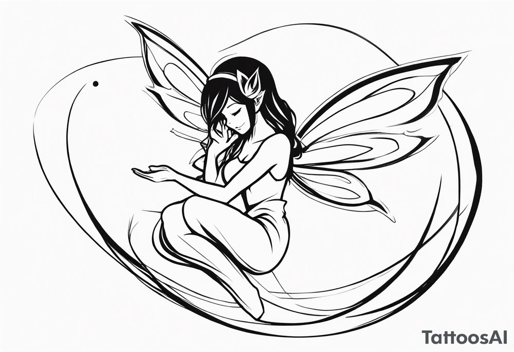 No color sketch of a fairy with a tail inspired by the guild symbol in the anime show called Fairy Tail in a fetal position leaning forward while crawled in hugging herself with hands a bit forward and her body is an angle while floating in the air tattoo idea