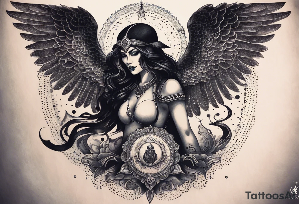 black kali, goddess pirate, alien, angel, pachamama, valkrye, warrior, flying, skull, lotus azul, wing, eagle, zenza resonance, stars, 5D, anahata chakra, death, durga, riding on a tiger, flying lady, chest tatoo tattoo idea
