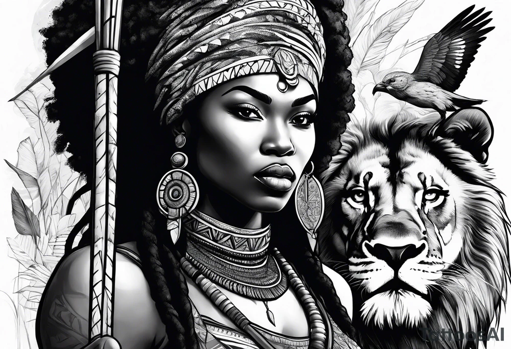 African woman warrior holding a spear with birds and lion in the background tattoo idea