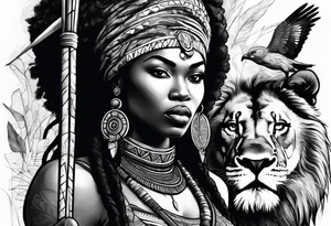 African woman warrior holding a spear with birds and lion in the background tattoo idea