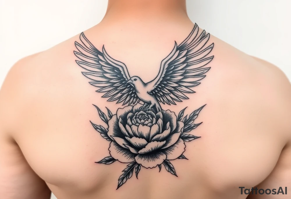 Pheonix flying  from a peony in flames realistic tattoo idea