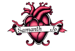 anatomical heart with flowing ribbons with the name Samantha Jo tattoo idea