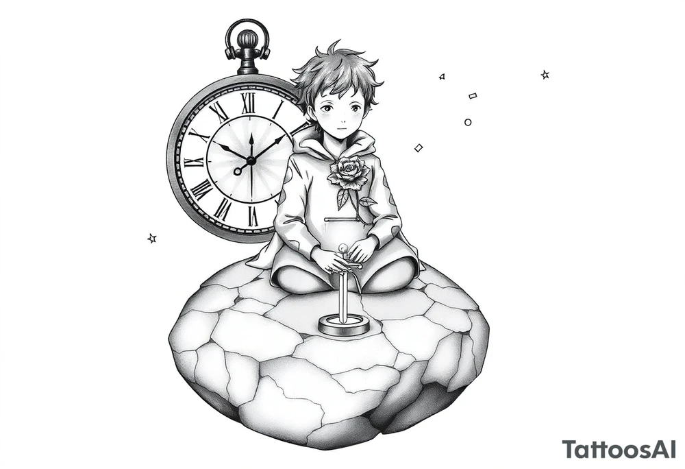 A reimagined masculine version of The Little Prince sitting on a cracked, floating planet. He has a calm, contemplative expression, wearing a slightly worn cloak with geometric markings. Behind him floats a broken clock with exposed gears, representing anxiety and overthinking. Instead of a rose, a flower wraps around a sword stuck into the ground—symbolizing love and emotional struggle. A glowing star burns in his chest, symbolizing inner strength and controlled passion. Around him are small floating fragments, like puzzle pieces or mechanical parts—representing deep thought and attention to detail. The sky shows incomplete constellations, symbolizing the search for connection and meaning. Style: fine line with surrealist touches, black and grey, minimalist shading. tattoo idea