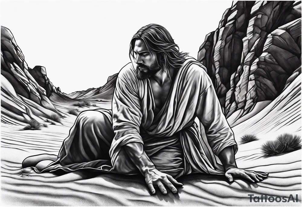 man crawling in a desert reaching to the cross of Christ tattoo idea
