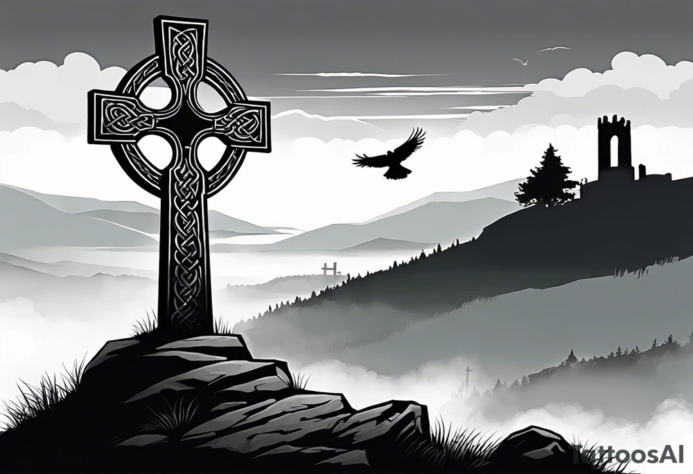 A stone Celtic cross solemnly standing atop a hill, a raven perches atop the cross staring out over the desolation. A ruined stone wall lies crumbling near the cross. Mist rolls along the hilltops adding to the melancholic nature of the scene tattoo idea